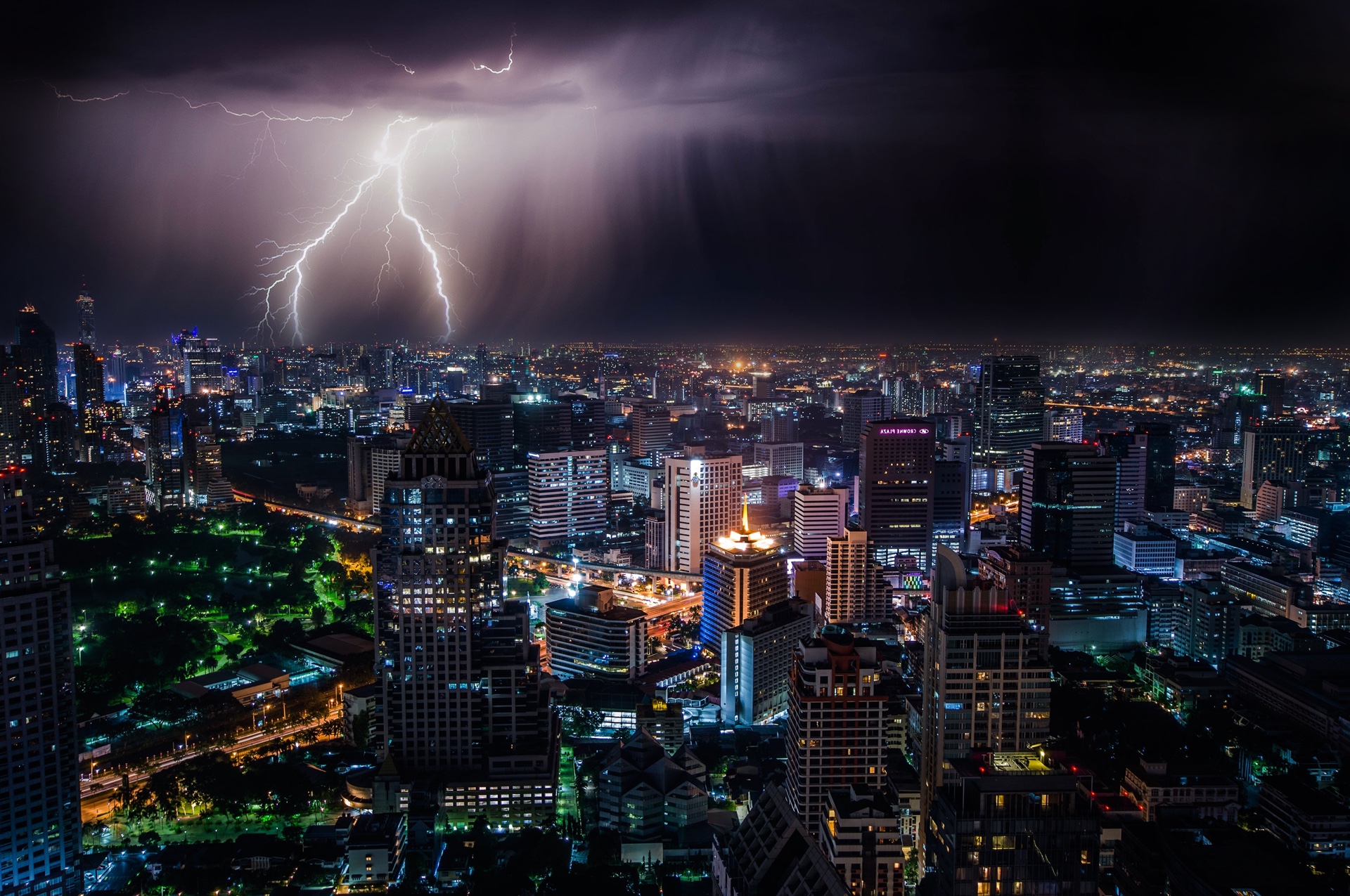 lightening over the city skyline 